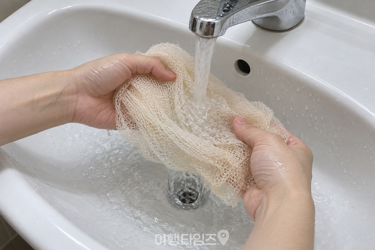 깨끗한 세면대에서 양손으로 샤워타월의 망을 펼쳐 헹구고 있습니다. / 기사 이해를 돕기 위한 생성형 이미지
