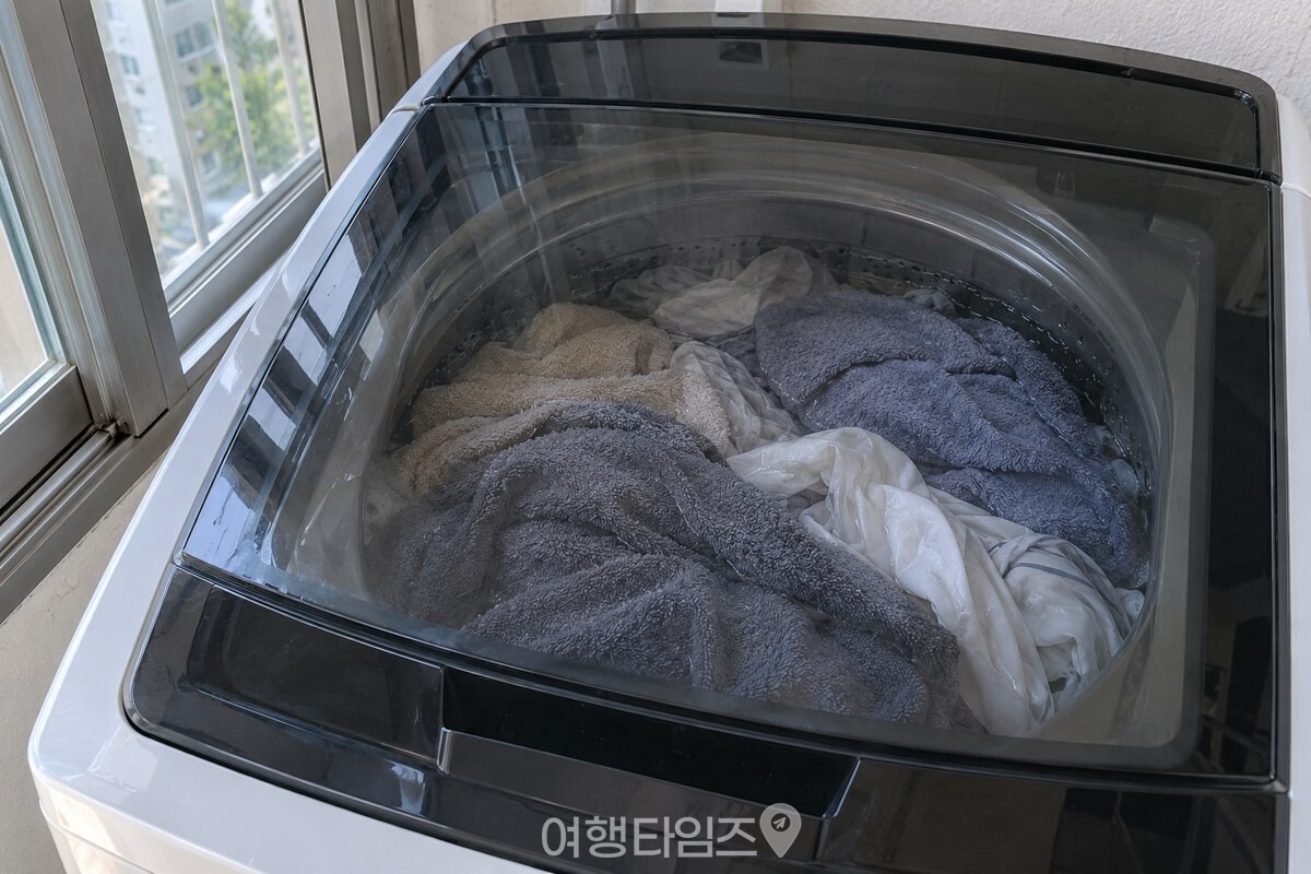 닫힌 세탁기 통 안에서 젖은 수건과 옷가지가 공기 없이 눌려 있는 모습이다. / 기사 이해를 돕기 위한 생성형 이미지