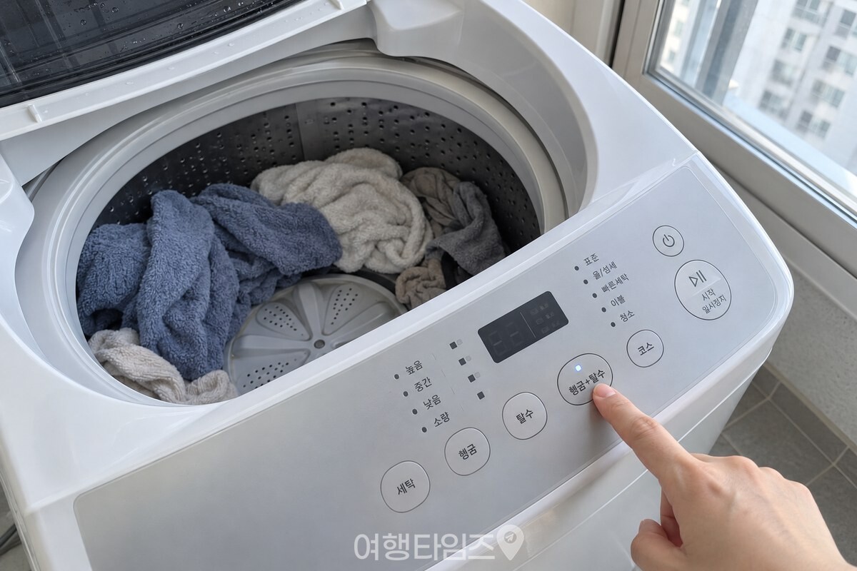 세제 없이 헹굼과 탈수를 고르기 위해 세탁기 조작부를 누르는 손이다. / 기사 이해를 돕기 위한 생성형 이미지