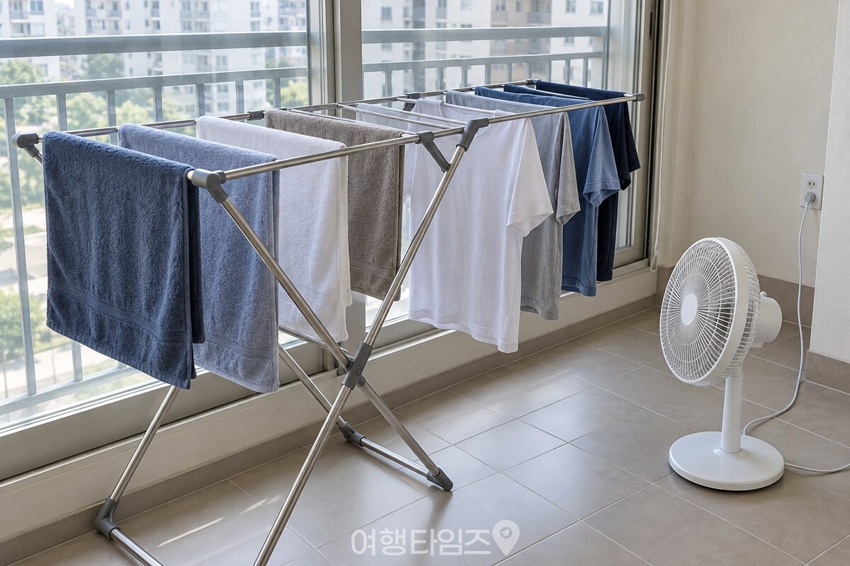 베란다의 X자 빨래건조대에 수건과 옷을 겹치지 않게 널어 둔 모습이다. / 기사 이해를 돕기 위한 생성형 이미지