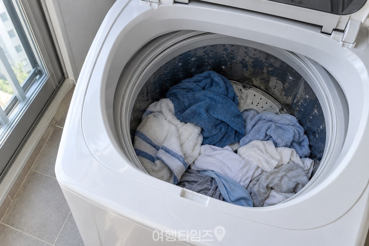 베란다의 통돌이 세탁기 안에 젖은 수건과 옷가지가 한쪽으로 뭉쳐 있다. / 기사 이해를 돕기 위한 생성형 이미지