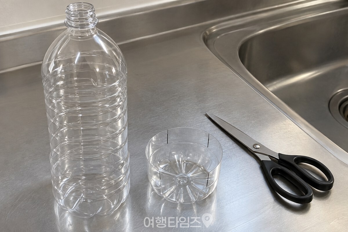 밑부분을 약 5센티미터 높이로 자른 투명 페트병과 십자 칼집을 낸 밑둥. / 기사 이해를 돕기 위한 생성형 이미지