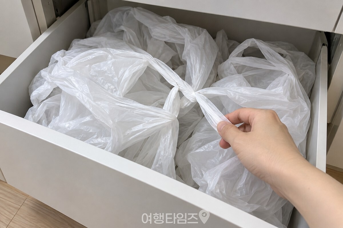 싱크대 아래 서랍 안에서 여러 장의 비닐봉지가 부풀어 엉켜 있는 상태. / 기사 이해를 돕기 위한 생성형 이미지