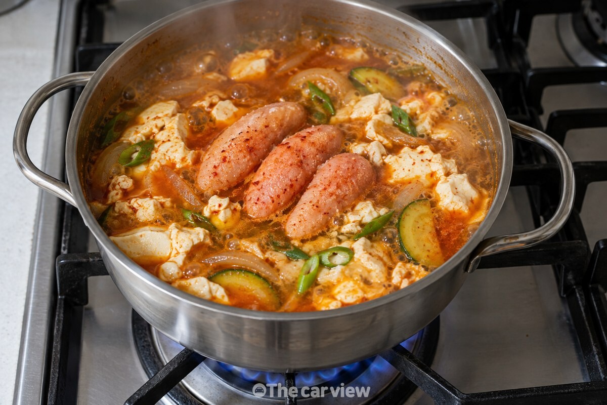 완성된 순두부찌개 위에 두툼한 명란 조각 세 개가 올려진 모습. / 기사 이해를 돕기 위한 생성형 이미지