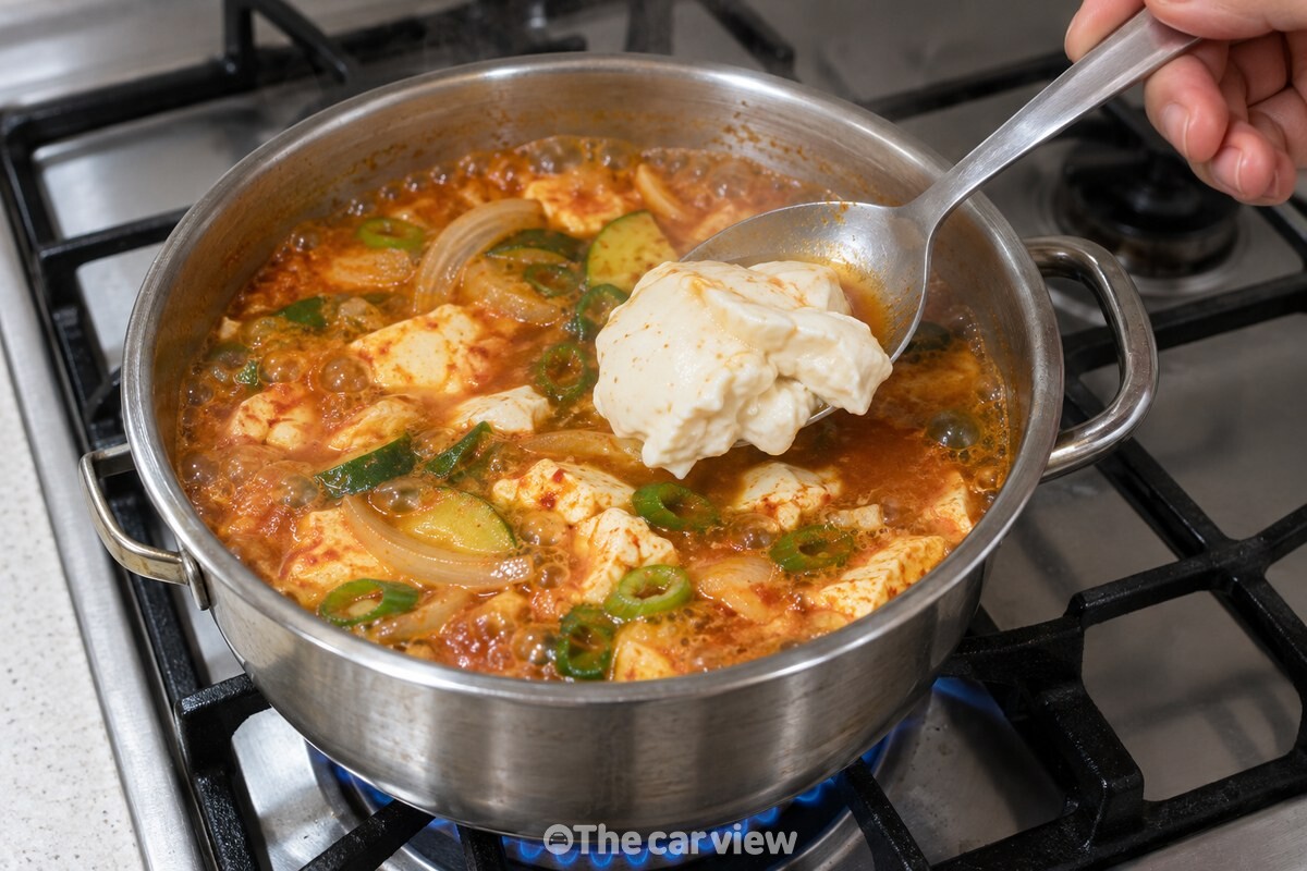 순두부를 큰 숟가락으로 떠서 끓는 국물에 조심스럽게 넣는 모습. / 기사 이해를 돕기 위한 생성형 이미지