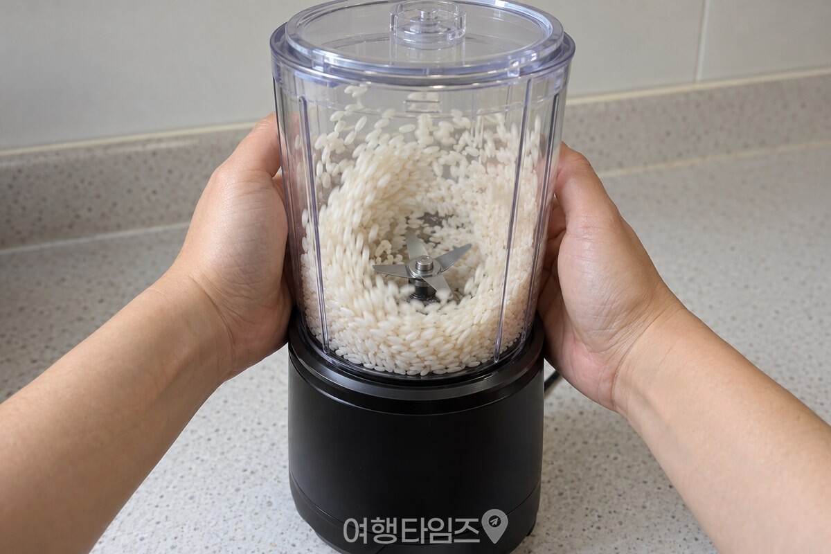 뚜껑을 닫은 믹서기를 양손으로 잡고 짧게 작동시키는 모습. / 기사 이해를 돕기 위한 생성형 이미지