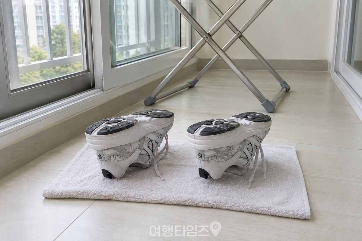 베란다의 접이식 빨래건조대 아래에서 운동화를 뒤집어 충분히 말리는 모습. / 기사 이해를 돕기 위한 생성형 이미지