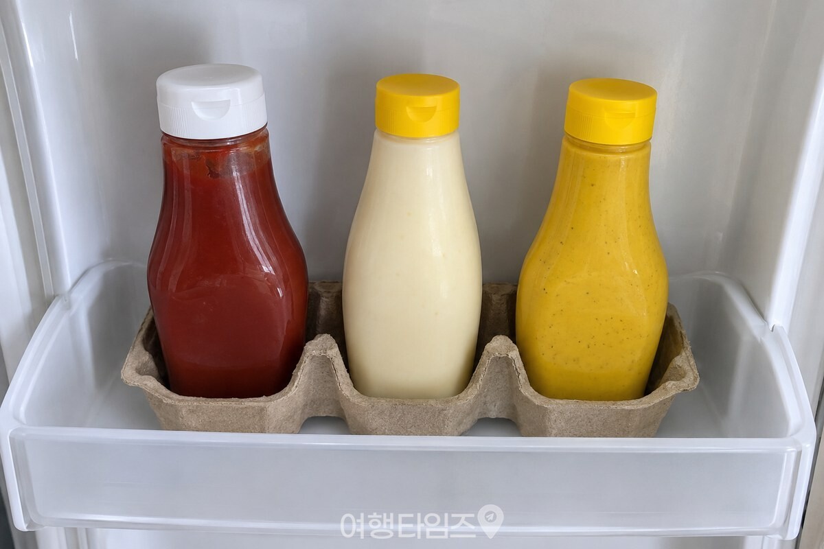 냉장고 문칸 안쪽에 자른 종이 계란판을 넣고 케첩과 마요네즈 병을 칸마다 세워 둔 모습. / 기사 이해를 돕기 위한 생성형 이미지