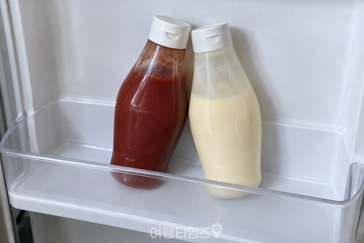 칸막이가 없는 냉장고 문칸의 평평한 선반 위에서 소스 병 두 개가 서로 기대어 있는 모습. / 기사 이해를 돕기 위한 생성형 이미지