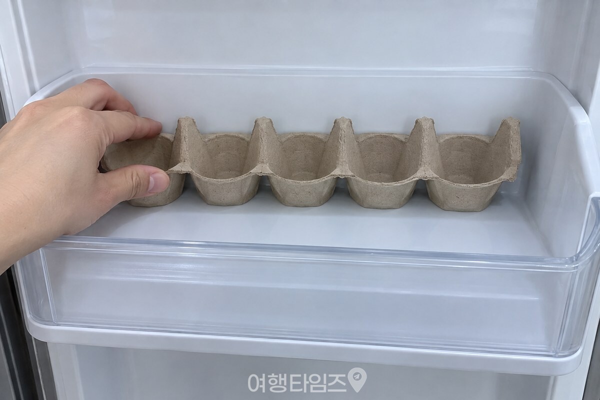 자른 종이 계란판 한 줄을 냉장고 문칸 안쪽 벽에 바싹 붙여 넣는 모습. / 기사 이해를 돕기 위한 생성형 이미지