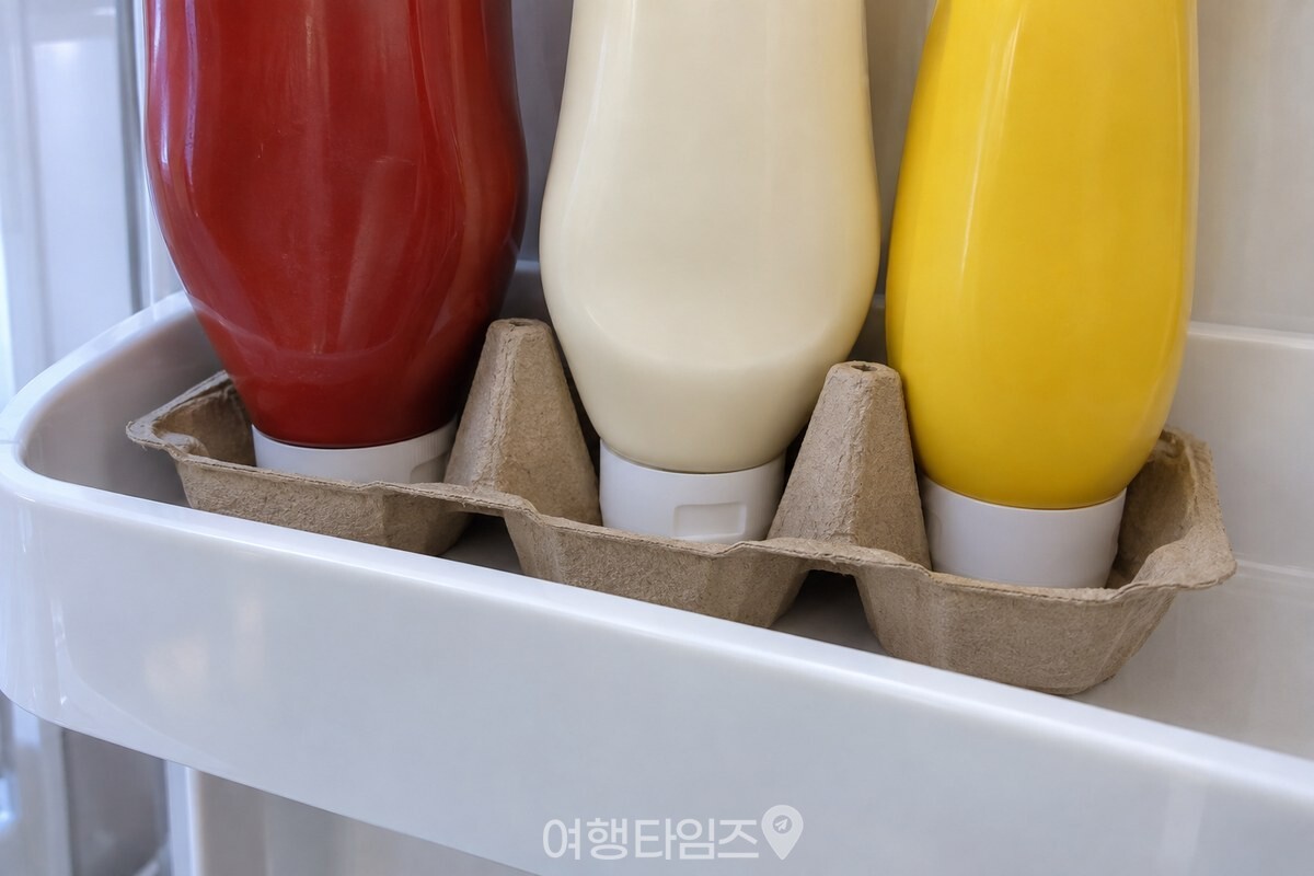 종이 계란판의 칸 사이 종이 기둥이 소스 병 아랫부분을 나눠 받치고 있다. / 기사 이해를 돕기 위한 생성형 이미지
