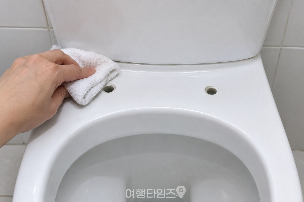 마른 수건으로 변기 뒤쪽 나사 구멍 주변의 물기를 닦는 모습. / 기사 이해를 돕기 위한 생성형 이미지
