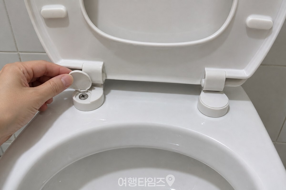 변기 뒤쪽 커버 나사 결합부를 가까이에서 보여 주는 깨끗한 욕실 장면. / 기사 이해를 돕기 위한 생성형 이미지