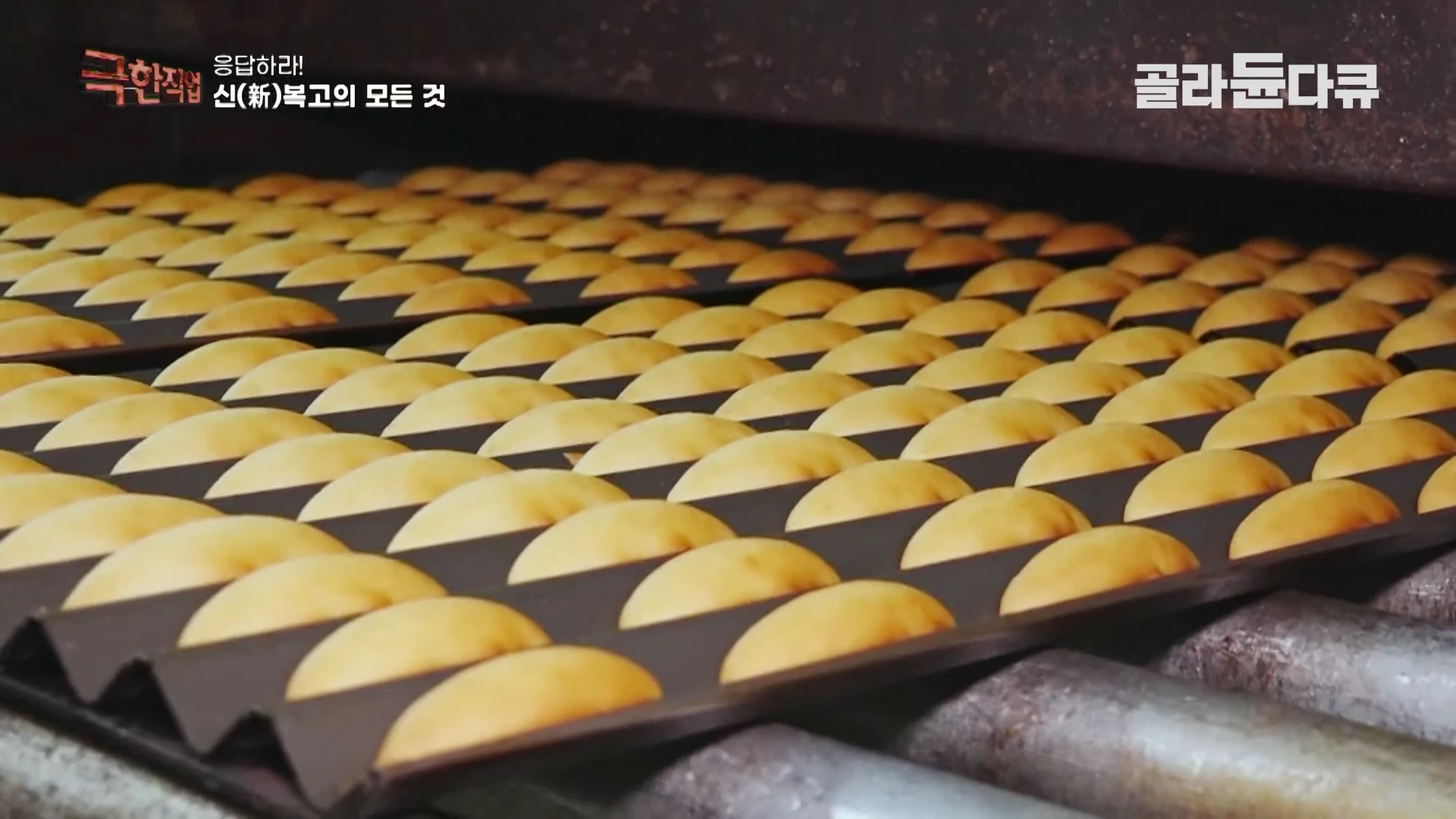 오븐에서 갓 구워져 나온 바나나 모양의 과자들이 줄지어 컨베이어 벨트를 따라 이동하고 있는 모습