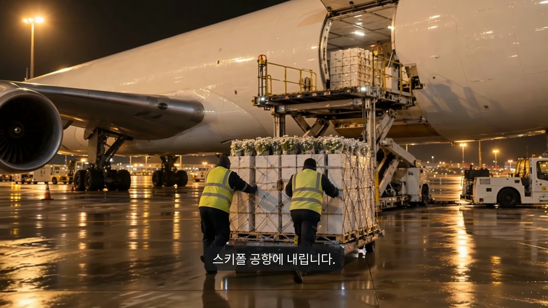 야간의 공항 활주로에서 형광 조끼를 입은 두 명의 작업자가 꽃 상자가 가득 실린 이동식 카트를 비행기 화물칸에서 내려 옮기고 있는 모습.