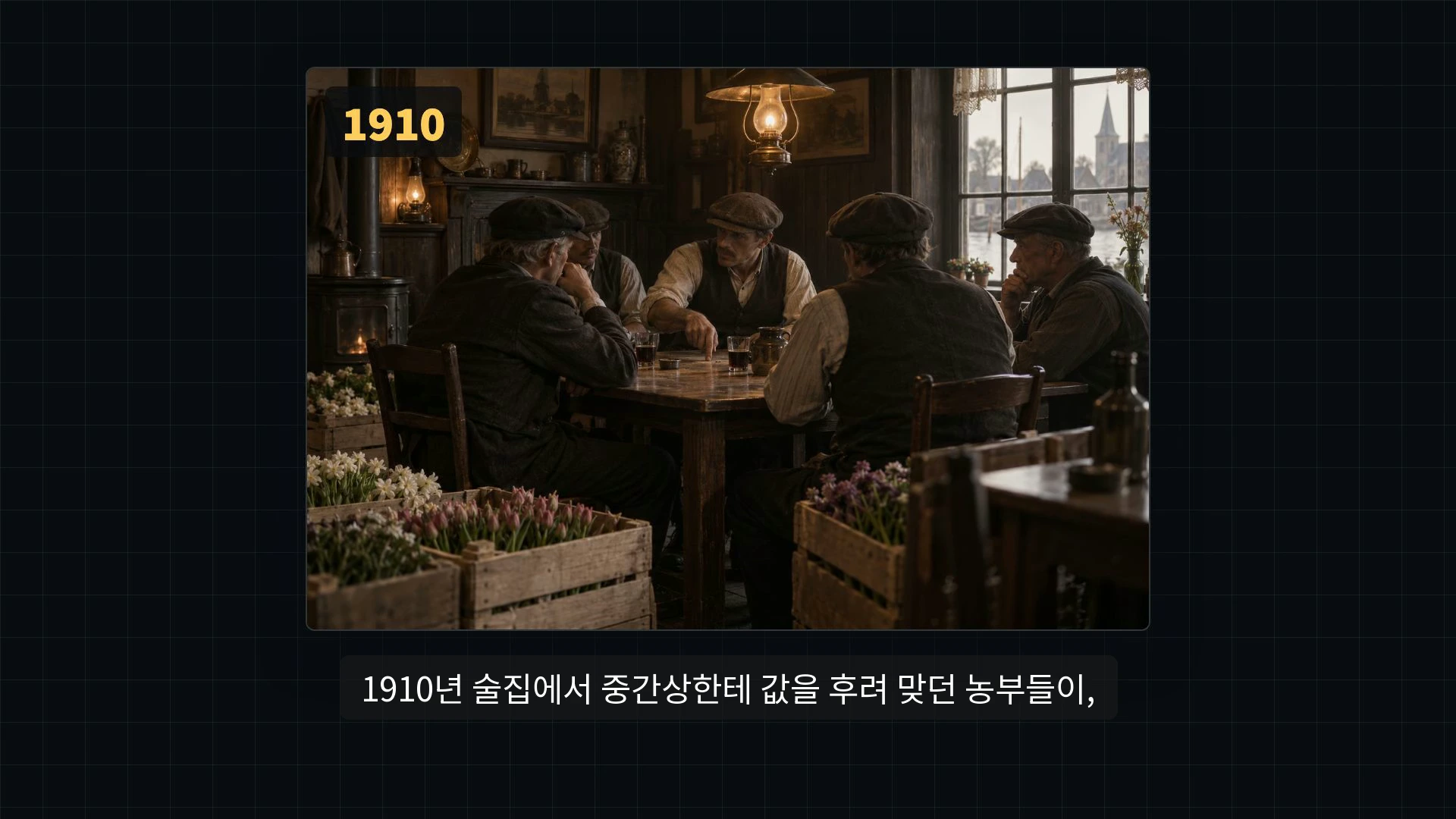 1910년이라는 연도가 표시된 고풍스러운 술집 탁자에 모여 앉아 진지하게 대화하는 남성들의 모습이 담긴 장면. 주변에는 꽃이 담긴 나무 상자들이 놓여 있다.