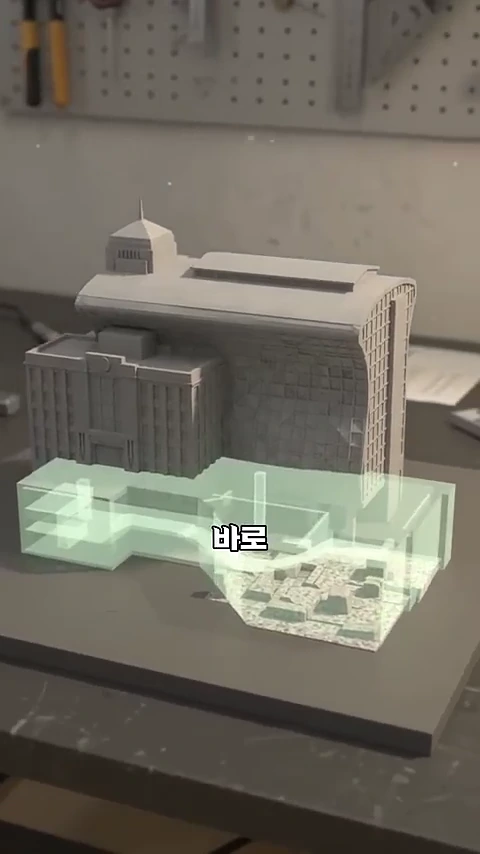 서울시청 신청사 건물의 모형과 그 지하에 발굴된 군기시 유적의 위치를 반투명한 녹색 블록으로 나타낸 그래픽 모형.