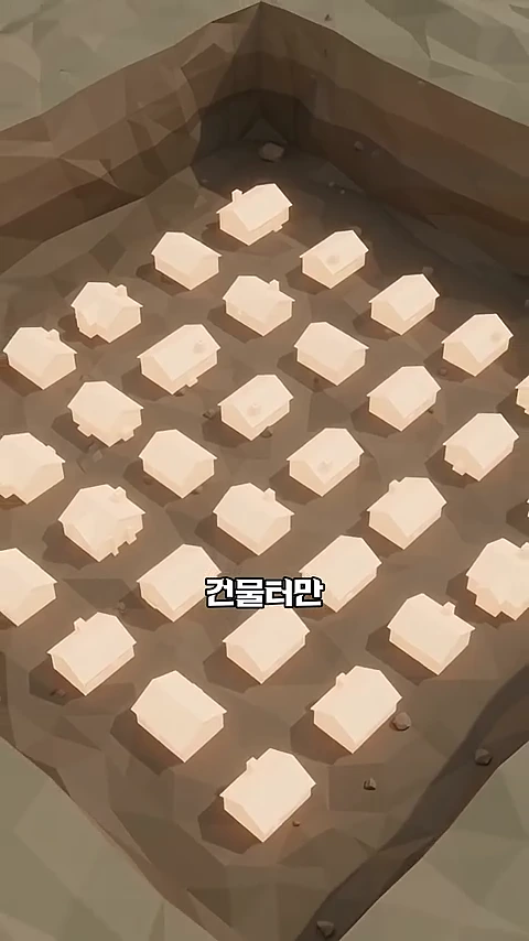 땅을 파낸 네모난 구덩이 안에 격자무늬로 줄지어 있는 수많은 작은 집 모형들 위에 '건물터만'이라는 한글 자막이 적힌 3D 애니메이션 그래픽.