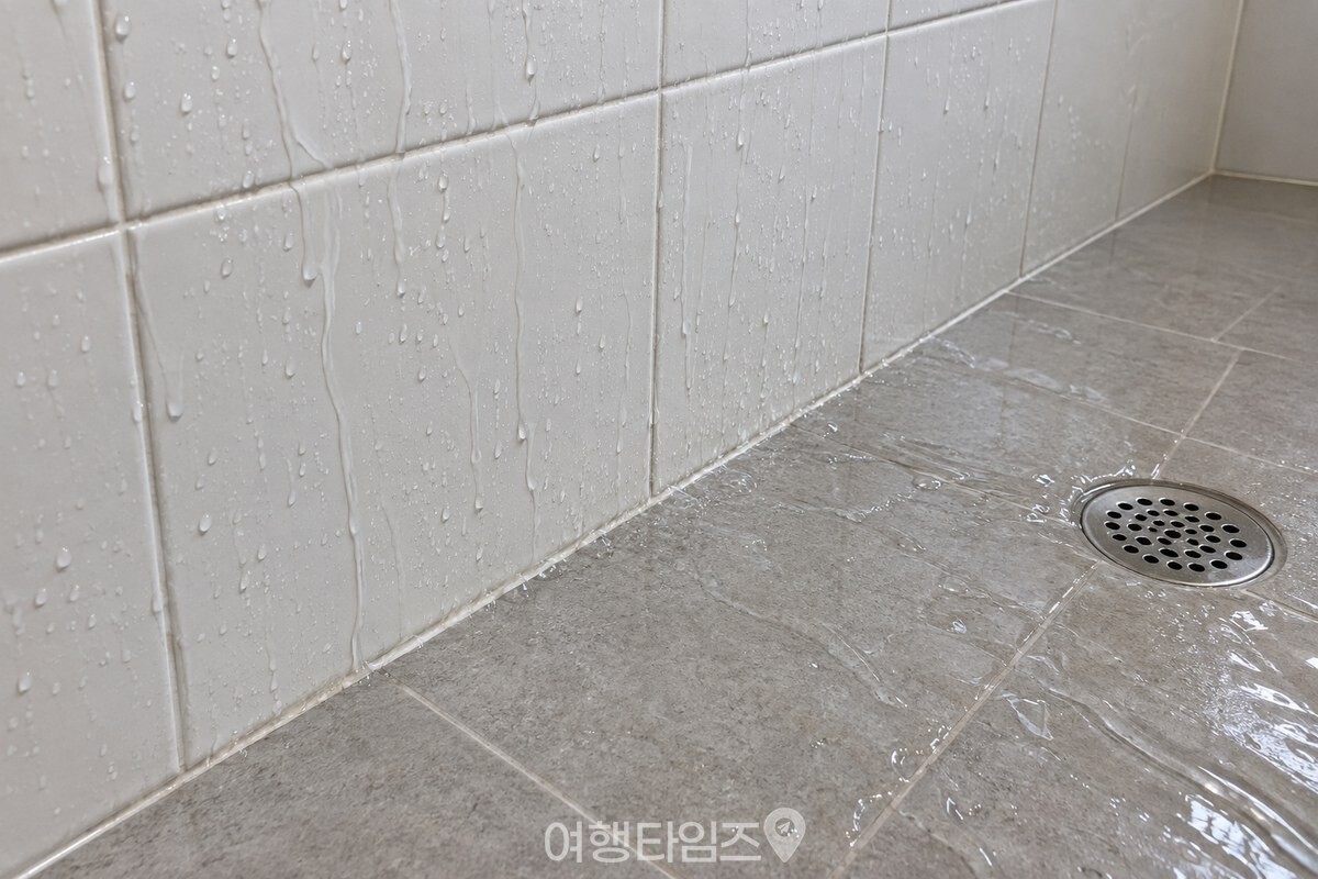 찬물을 뿌린 뒤 깨끗한 타일 벽을 따라 물방울이 바닥 배수구 쪽으로 흐르는 모습. / 기사 이해를 돕기 위한 생성형 이미지