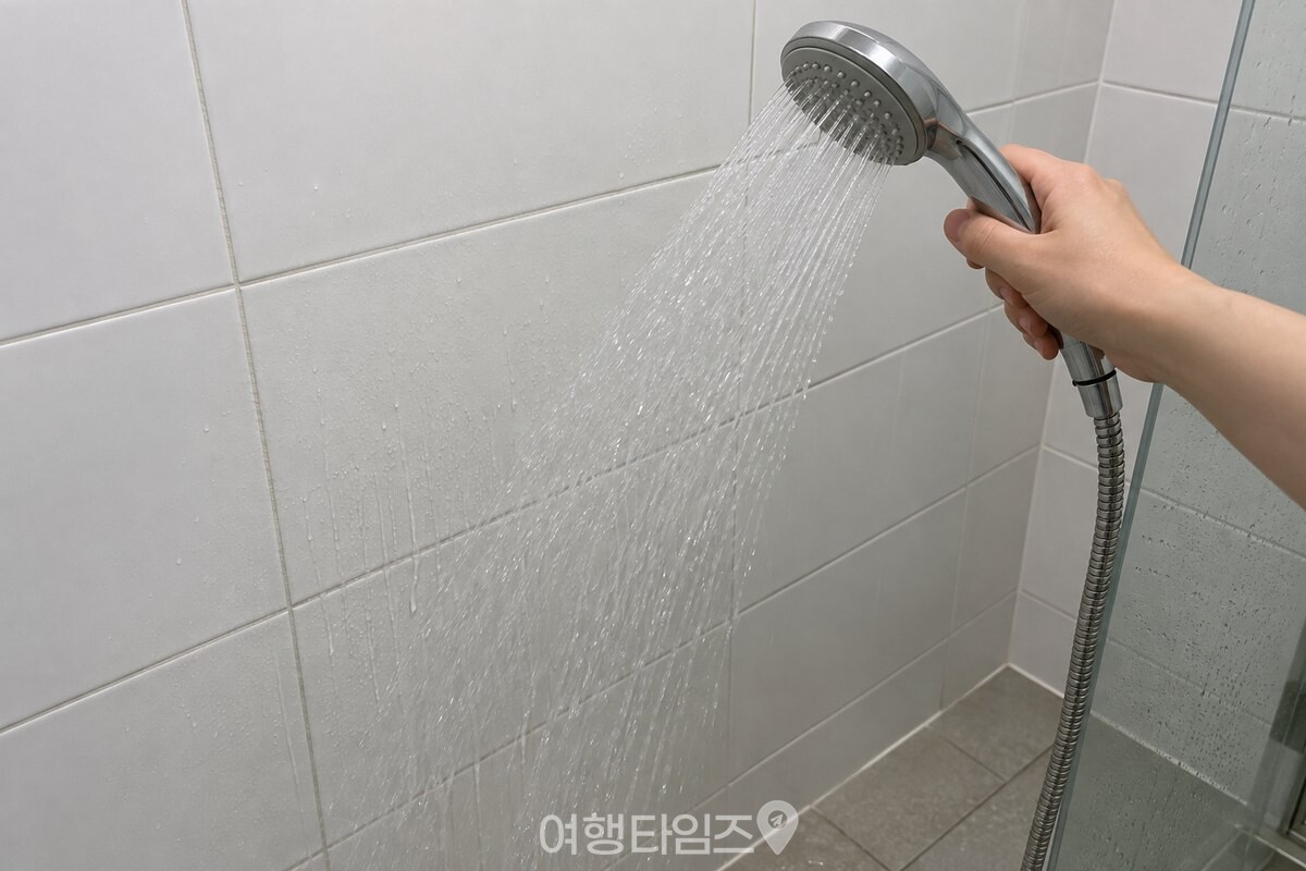 샤워기 물줄기를 타일 벽 위쪽에서 아래쪽으로 천천히 내려 보내는 모습. / 기사 이해를 돕기 위한 생성형 이미지