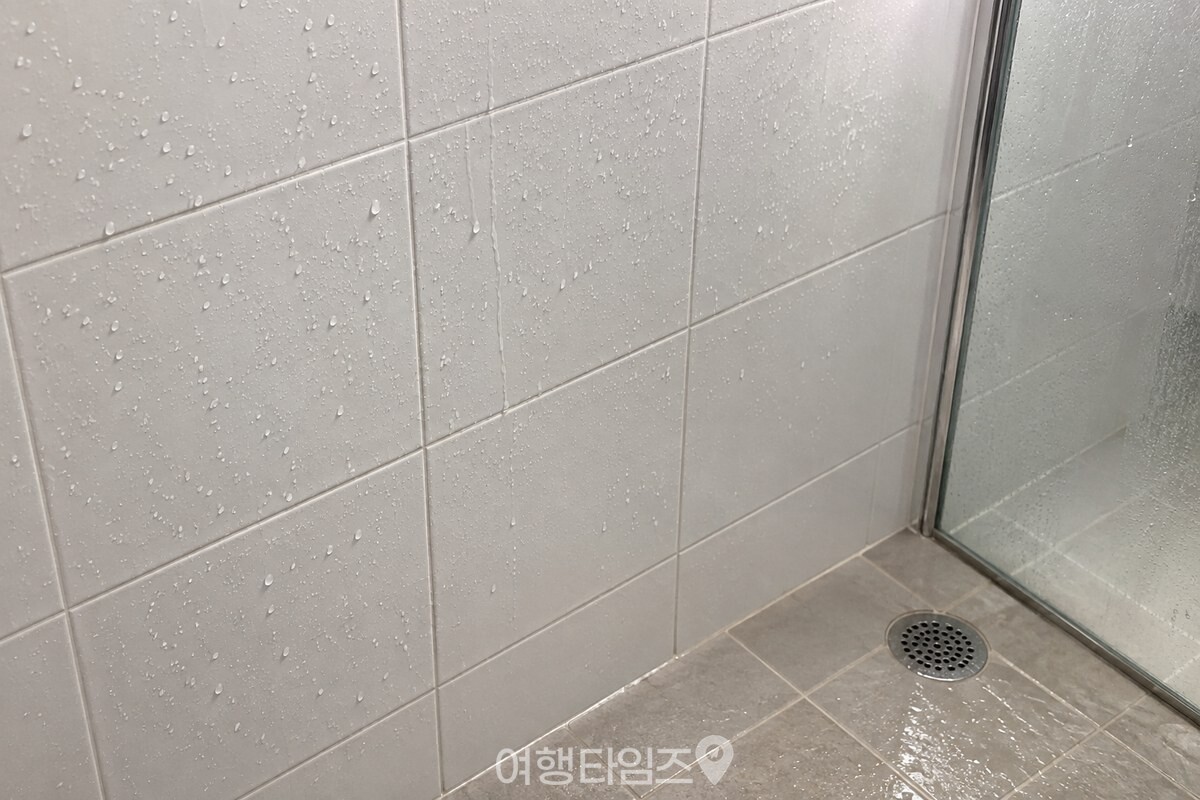 샤워 직후 수증기가 남은 깨끗한 타일 벽과 유리문에 작은 물방울이 맺힌 욕실. / 기사 이해를 돕기 위한 생성형 이미지