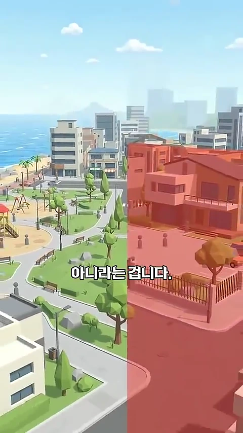 3D 애니메이션 스타일로 표현된 화면이 좌우로 나뉘어, 왼쪽에는 평화로운 공원과 바닷가가 보이고 오른쪽에는 붉은 색조의 주거용 건물 단지가 대비되어 나타나며 중앙에 한글 자막이 적혀 있습니다.