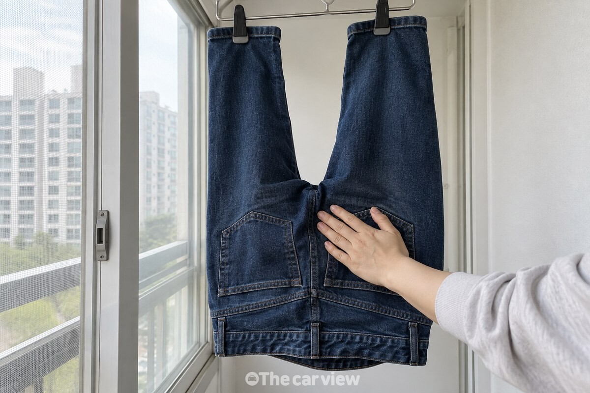 집게 옷걸이에 거꾸로 건 청바지의 허리와 엉덩이 부분을 손바닥으로 펴는 모습. / 기사 이해를 돕기 위한 생성형 이미지