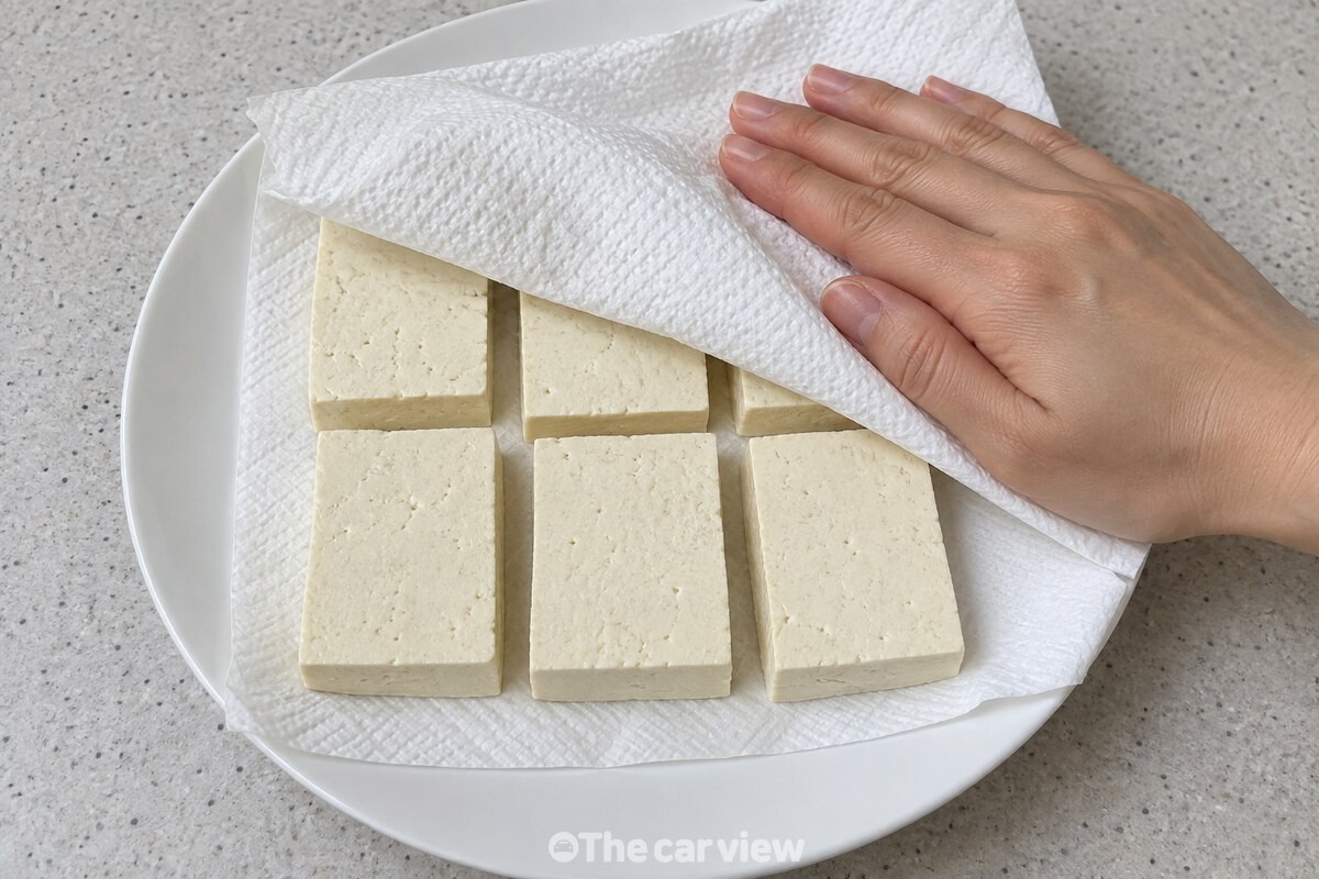 키친타월로 눌러 물기를 빼는 1.5cm 두께의 부침용 두부. / 기사 이해를 돕기 위한 생성형 이미지