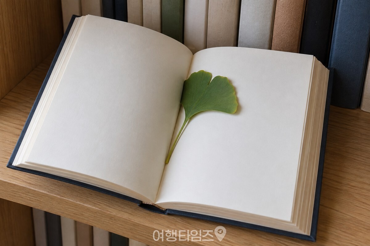 책장 앞에서 펼친 책 가운데에 푸른 은행잎 한 장을 끼워 둔 모습. / 기사 이해를 돕기 위한 생성형 이미지