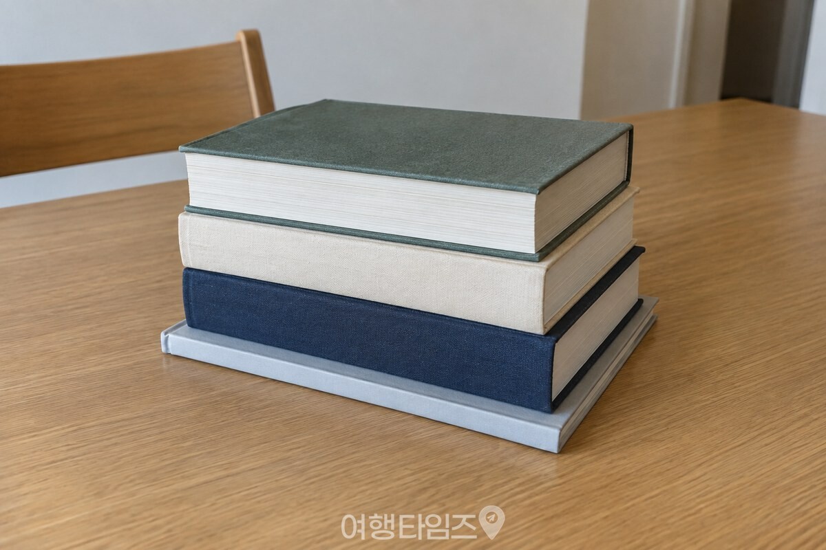 식탁 위에 눕힌 책 위로 두꺼운 책 세 권을 올려 눌러 둔 모습. / 기사 이해를 돕기 위한 생성형 이미지