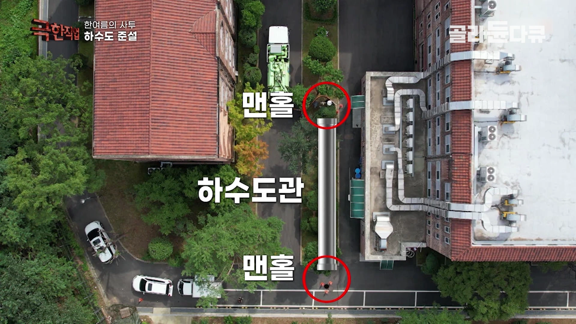 학교 건물 사이의 도로를 위에서 내려다본 항공 촬영 영상 위에 두 개의 맨홀과 그 사이를 잇는 하수도관 위치가 그래픽으로 표시되어 있습니다.