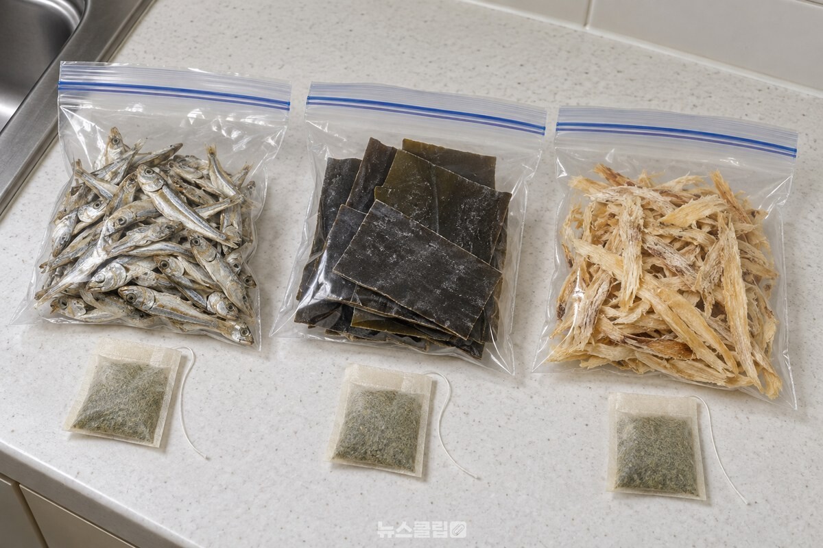 지퍼백에 나눈 잔멸치와 다시마 옆에 마른 녹차 티백을 둔 보관 준비 모습. / 기사 이해를 돕기 위한 생성형 이미지