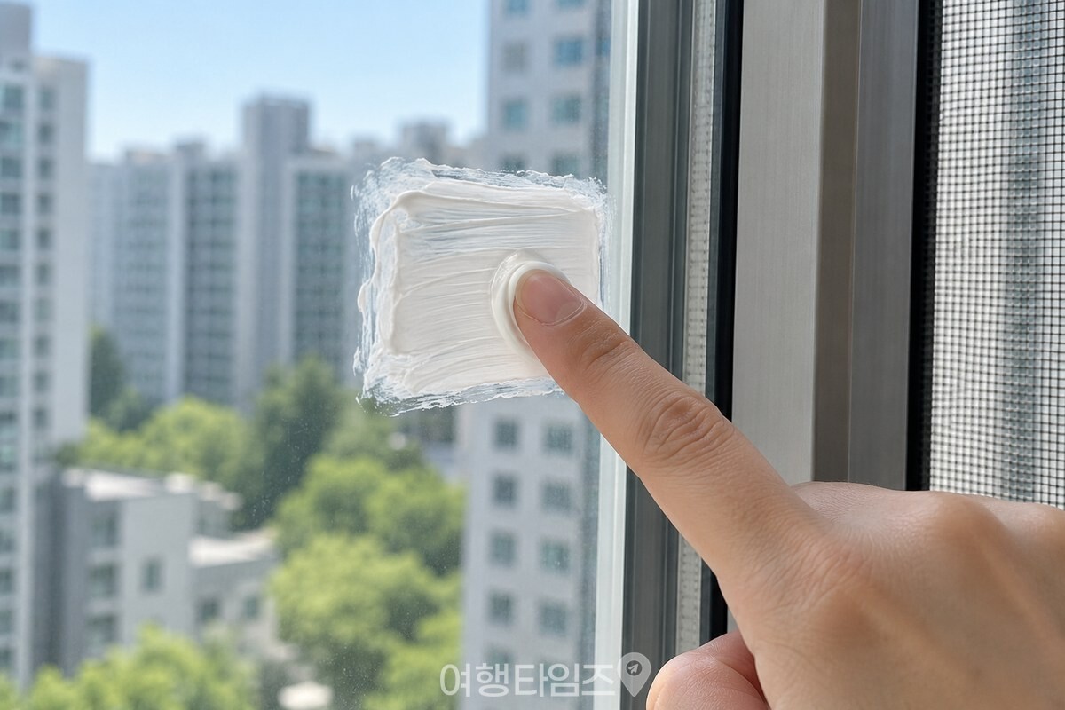창유리의 스티커 자국을 넓게 덮도록 흰 선크림을 바르는 모습. / 기사 이해를 돕기 위한 생성형 이미지
