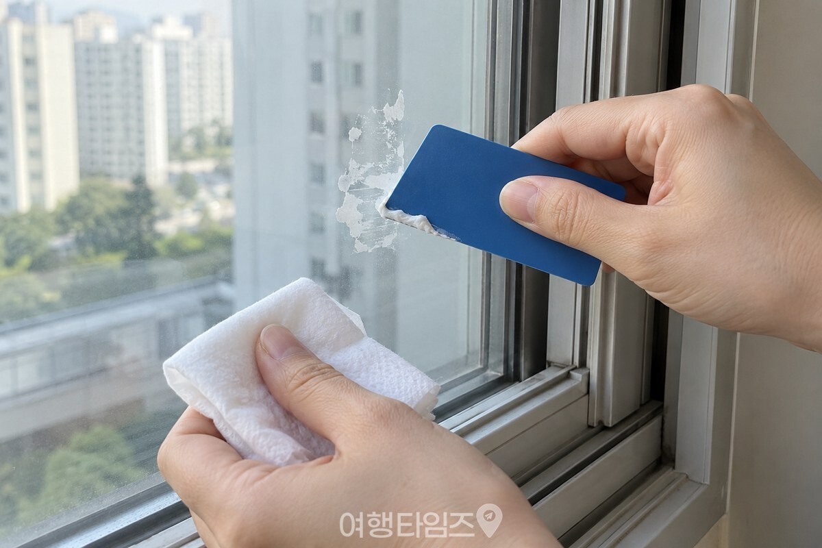창유리에 비스듬히 댄 플라스틱 카드로 선크림을 덮은 자국 가장자리를 미는 모습. / 기사 이해를 돕기 위한 생성형 이미지