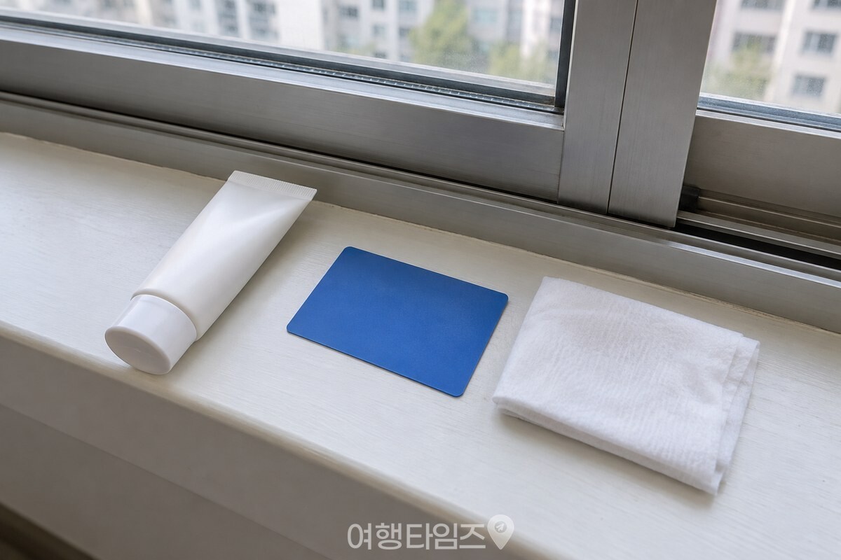 선크림, 플라스틱 카드, 물티슈를 창가의 깨끗한 평면에 준비한 모습. / 기사 이해를 돕기 위한 생성형 이미지