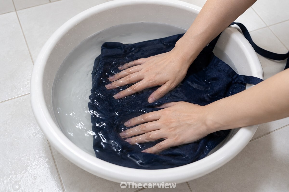 미지근한 물을 담은 흰 대야에서 앞치마의 처리한 부분을 손으로 가볍게 눌러 헹구는 모습. / 기사 이해를 돕기 위한 생성형 이미지