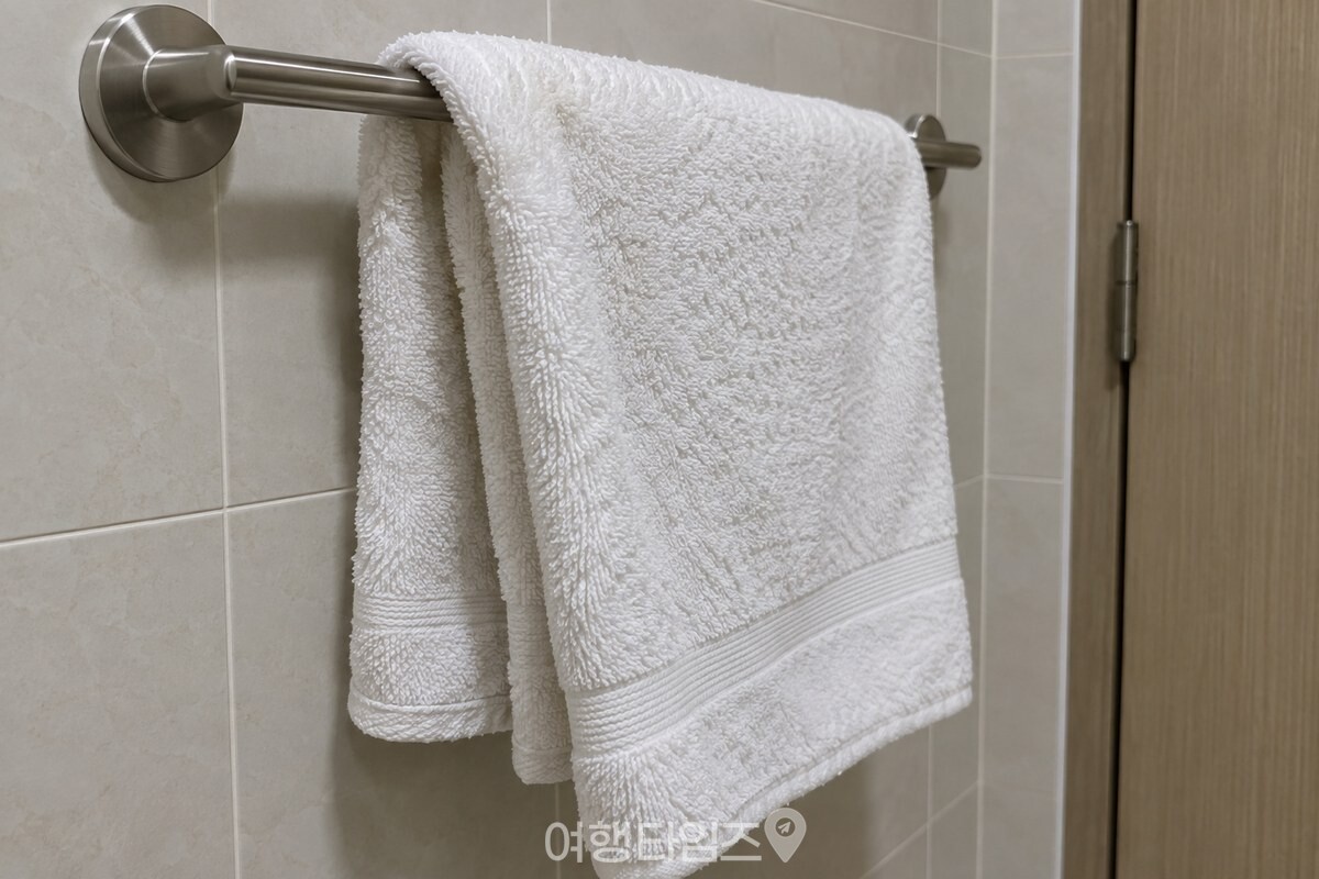 욕실 문 옆 봉에 반으로 접혀 걸린 젖은 흰 면 수건의 안쪽 겹침이 보이는 모습. / 기사 이해를 돕기 위한 생성형 이미지