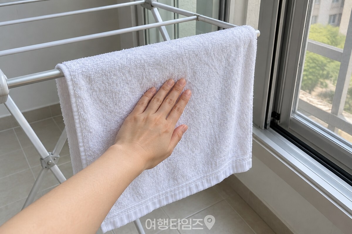 창이 열린 베란다에서 손이 건조대에 넓게 걸친 수건 가운데를 가볍게 만져 보는 모습. / 기사 이해를 돕기 위한 생성형 이미지