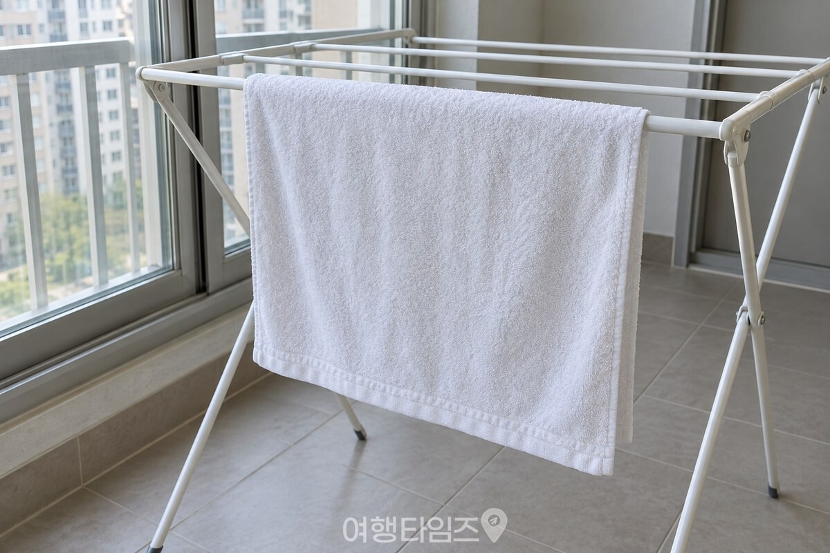 베란다 건조대 가로대에 흰 수건 한 장을 넓게 펼쳐 한 겹으로 건 모습. / 기사 이해를 돕기 위한 생성형 이미지