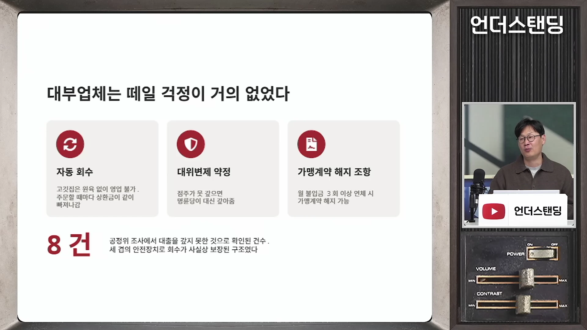 프레젠테이션 슬라이드에는 '대부업체는 떼일 걱정이 거의 없었다'라는 제목 아래 자동 회수, 대위변제 약정, 가맹계약 해지 조항이라는 세 가지 안전장치가 명시되어 있고, 오른쪽 상단 작은 화면에는 마이크 앞에 앉아 설명하는 남성의 모습이 보입니다.
