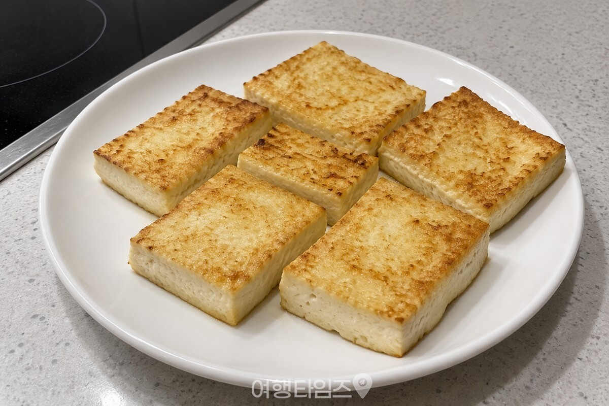 노릇하게 구운 두부부침이 흰 접시에 가지런히 담겨 있다. / 기사 이해를 돕기 위한 생성형 이미지