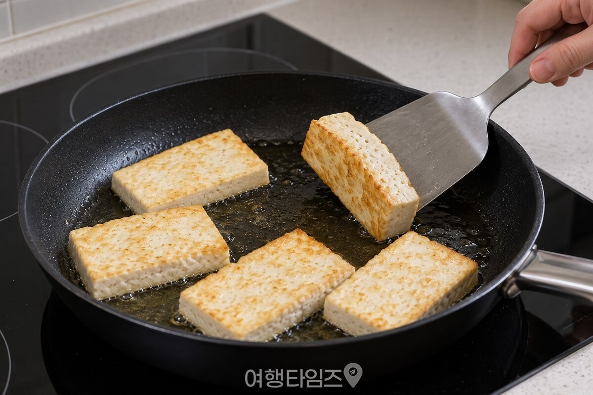 넓은 뒤집개를 두부 아래로 끝까지 넣어 한 조각을 한 번에 뒤집고 있다. / 기사 이해를 돕기 위한 생성형 이미지