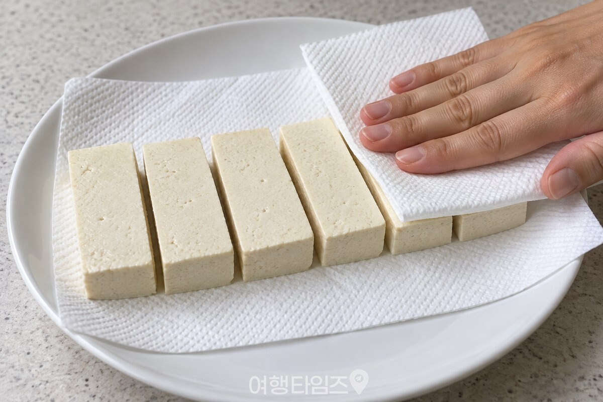 1.5cm 두께로 썬 단단한 두부를 마른 키친타월 위에 놓아 물기를 빼고 있다. / 기사 이해를 돕기 위한 생성형 이미지