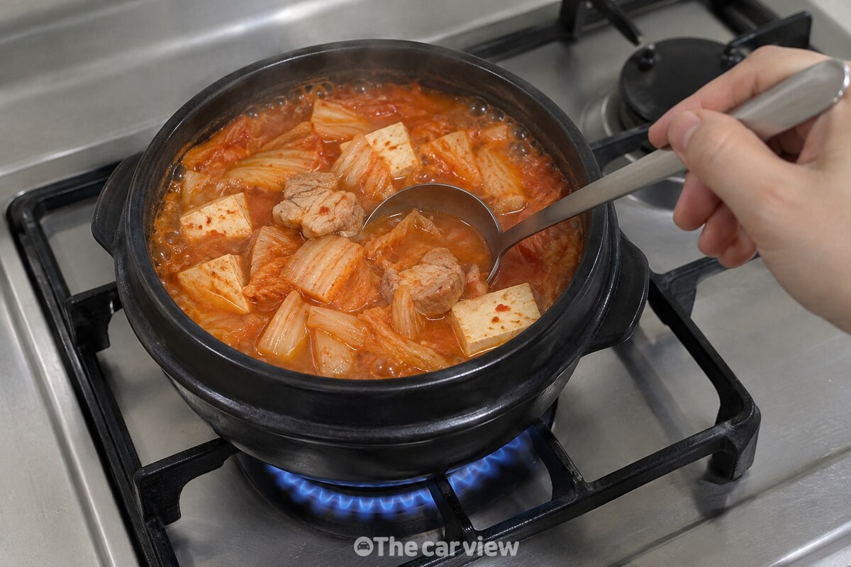국자로 김치찌개를 두세 번 저어 사과즙을 국물에 섞는 모습이다. / 기사 이해를 돕기 위한 생성형 이미지