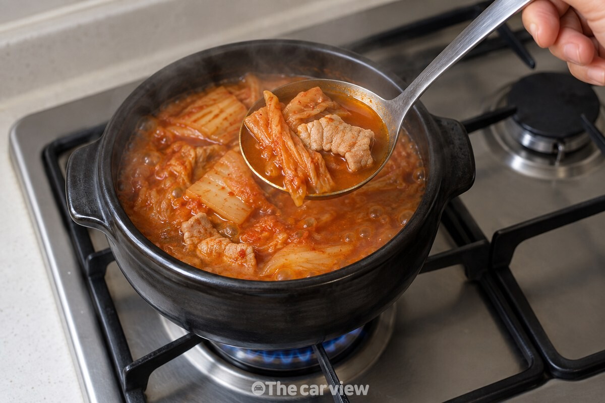 국자로 떠 올린 김치찌개 국물 속에 익은 김치와 돼지고기가 보인다. / 기사 이해를 돕기 위한 생성형 이미지