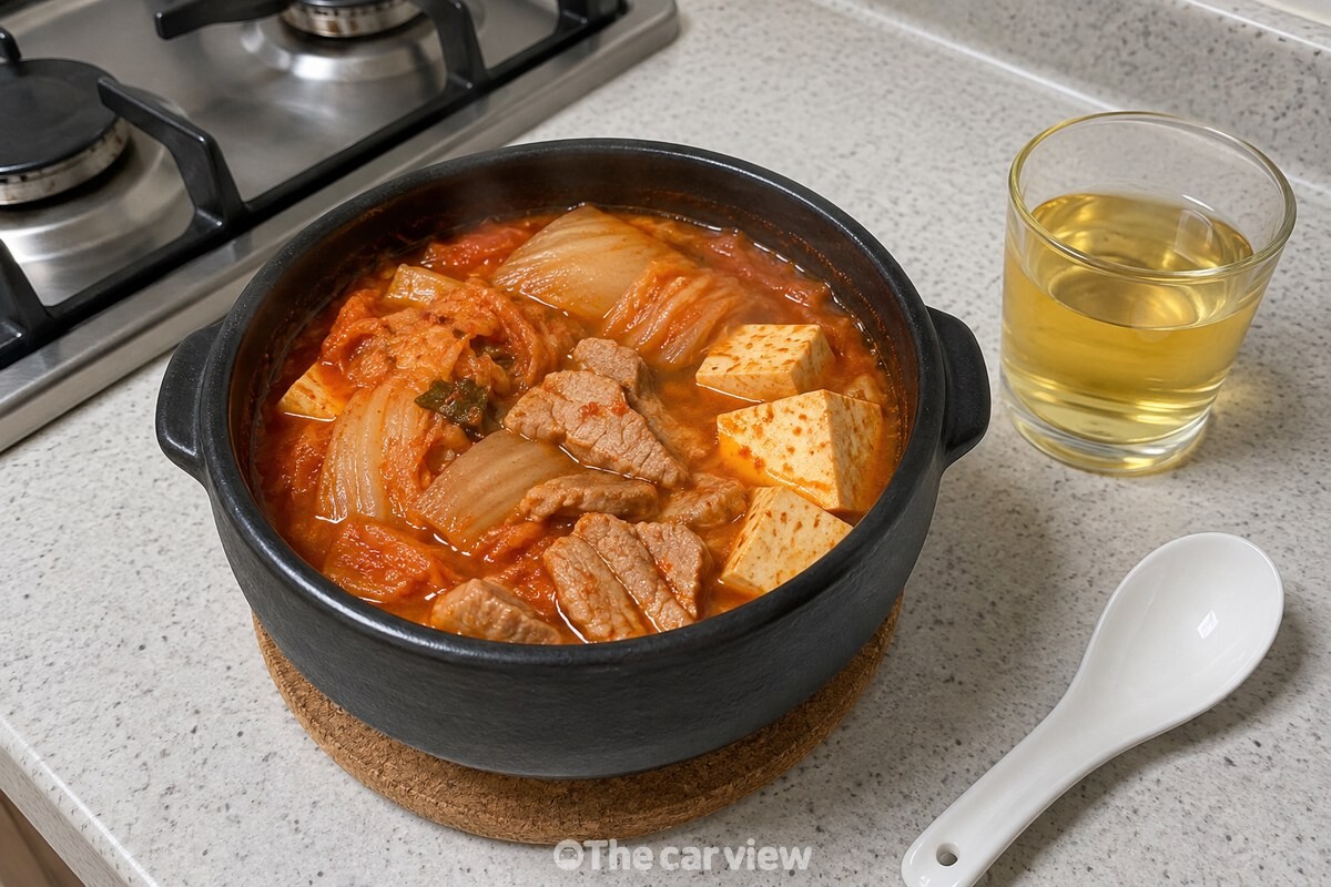 뚝배기에 담긴 신김치찌개와 옆에 놓인 작은 사과즙 잔이 보인다. / 기사 이해를 돕기 위한 생성형 이미지