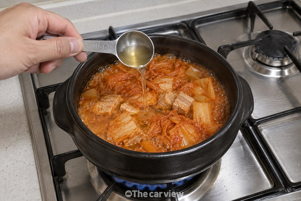 작은 계량스푼에 담긴 사과즙을 거의 완성된 김치찌개에 넣는 모습이다. / 기사 이해를 돕기 위한 생성형 이미지