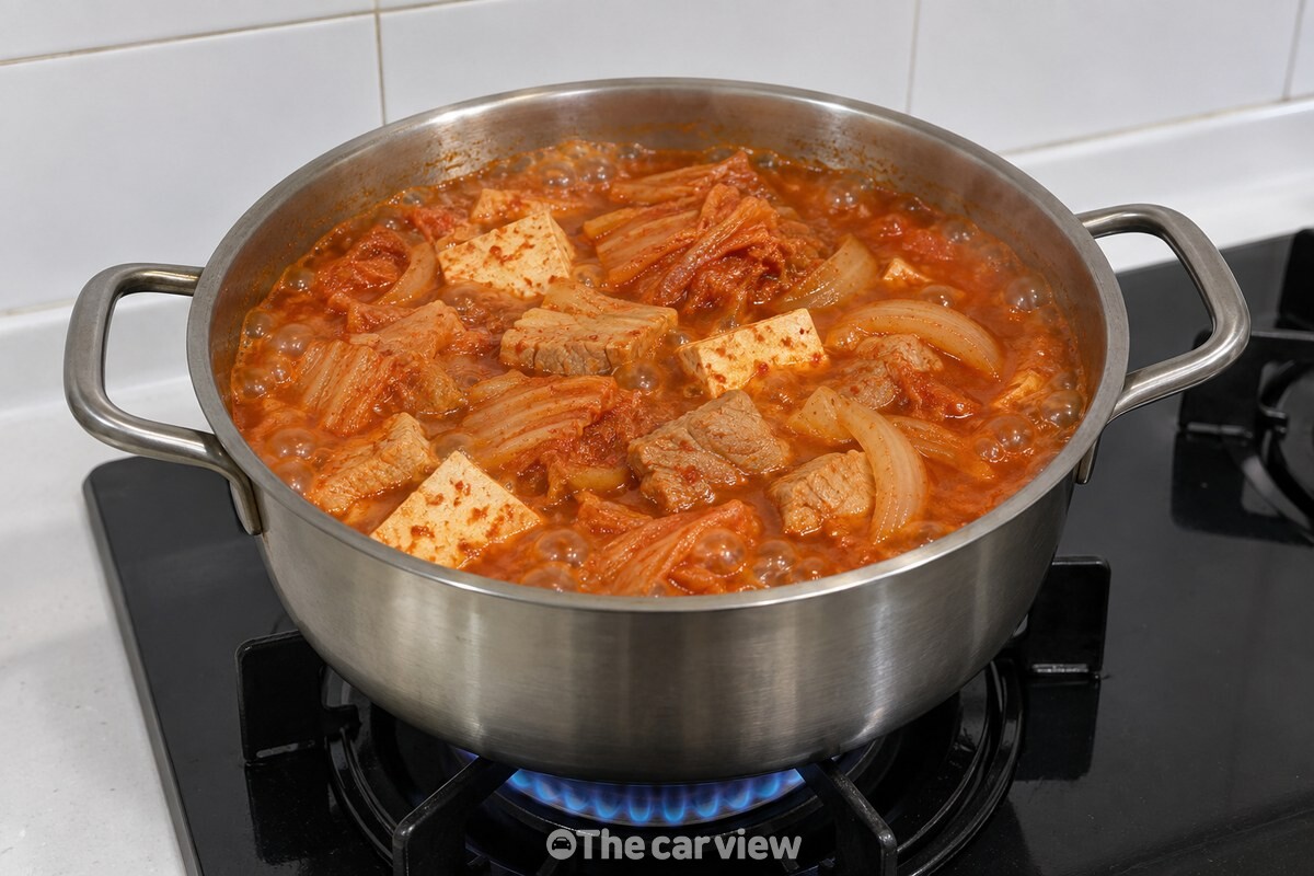 김치와 돼지고기, 두부, 양파를 넣은 김치찌개가 강불에서 끓는 모습. / 기사 이해를 돕기 위한 생성형 이미지