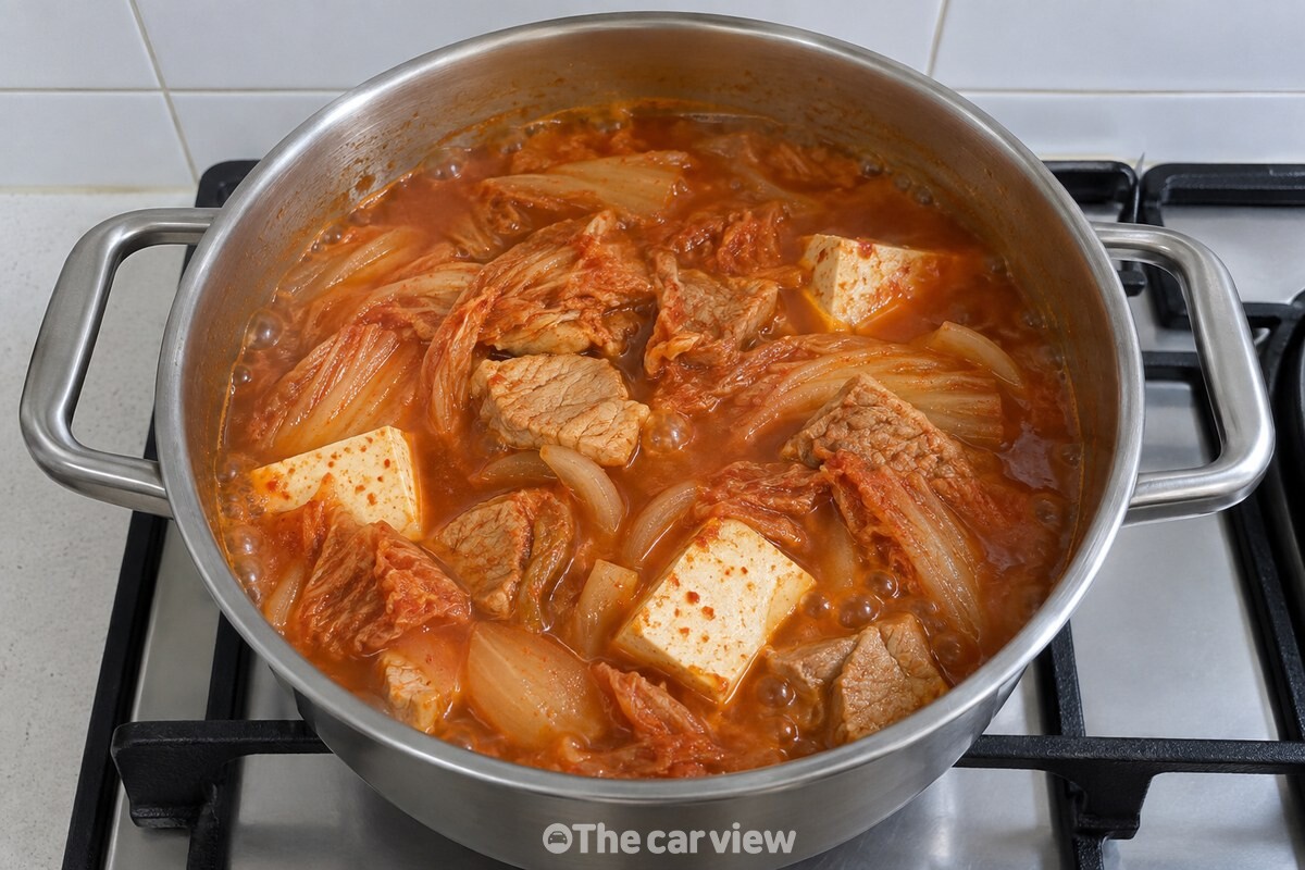 김치와 돼지고기가 든 김치찌개 표면에 기름방울이 일부 떠 있는 모습. / 기사 이해를 돕기 위한 생성형 이미지