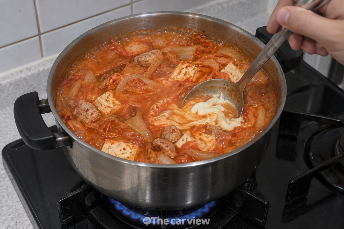 끓는 김치찌개 속에서 국자로 마요네즈를 천천히 풀어 젓는 모습. / 기사 이해를 돕기 위한 생성형 이미지